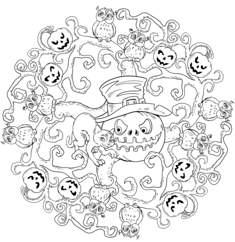 Coloring page Halloween mandala cute kitty among pumpkins